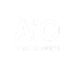 Logo minimaliste noir et blanc affichant 'AIO TECHNOLOGIES', avec 'AIO' en lettres majuscules audacieuses au-dessus de 'TECHNOLOGIES'